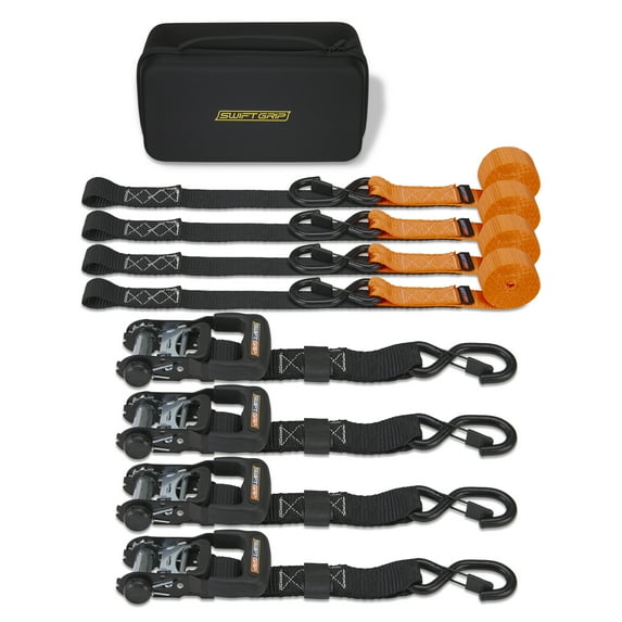 Ratchet Straps Heavy Duty Tie Downs,(4) 1.5"x 8' Heavy Duty Ratchet Strap with Integrated Soft Tie Hook, UTV Tie Down Straps, Motorcycle Tie Down Straps, Padded Handles & Coated Chromoly Hooks, Orange