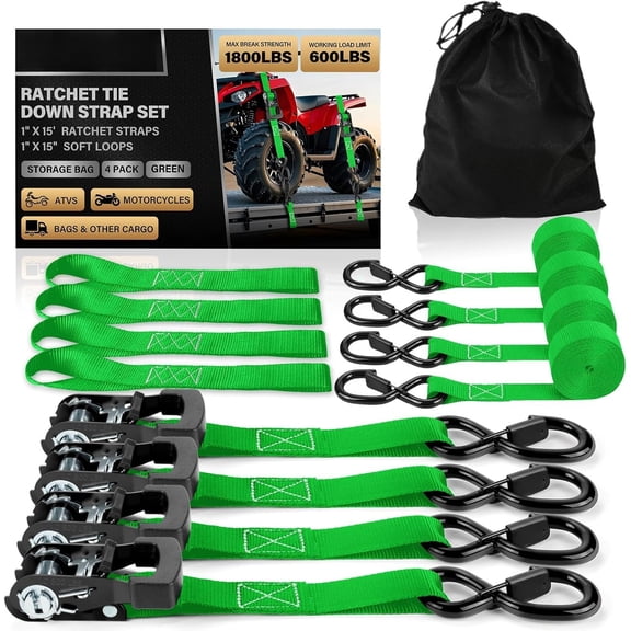 Ratchet Straps - Heavy Duty Tie Downs Straps - 1 Inch x 15 4 Pack - Safety S Hooks & Soft Loops, 1800LBS Break Strength for Men, Cargo Moving appliances ATV (Green)