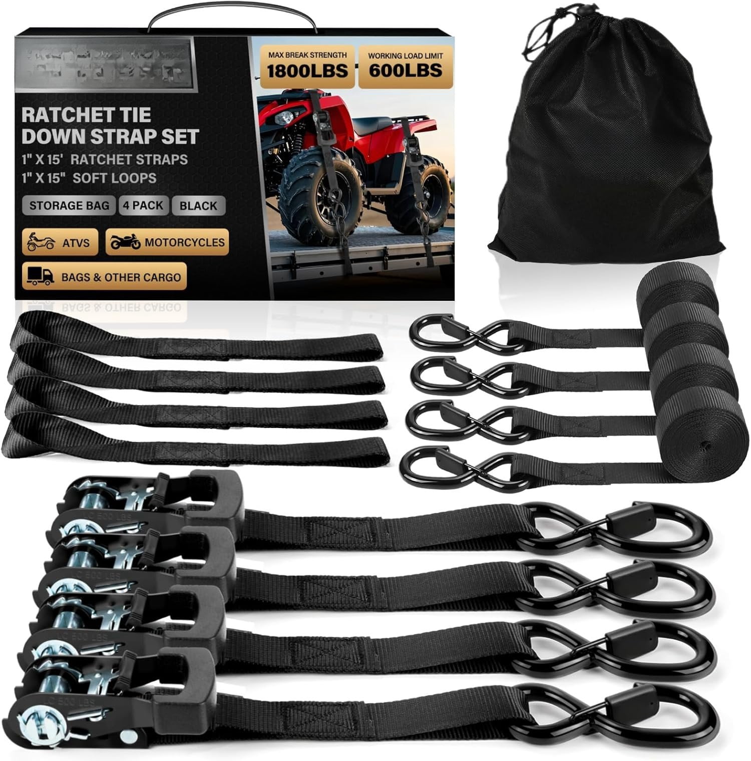 JACO Heavy Duty Ratchet Straps - 1.6 Inch X 8 Ft (Pack Of 4) | Tie Down