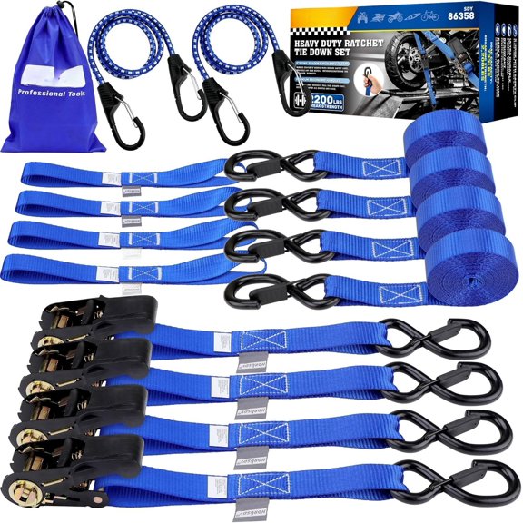 Ratchet Straps Heavy Duty, Tie Down Straps Ratchet Set, 2200 LB Break Strength, Safety Lock S Hooks, for Moving, Securing Cargo, Kayaks, Mountain (4 Pack)