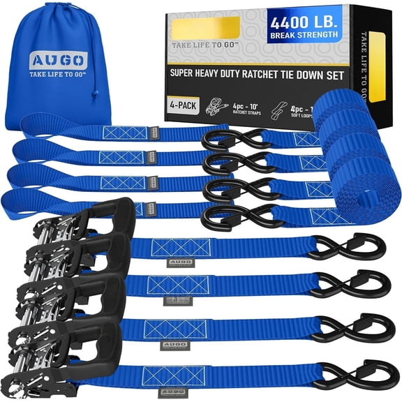 Ratchet Straps & Soft Loops - of 4 Extra 1.5" by 10' Ratchet Straps w/S-Hook Safety Latches & 4 Soft Loop Tie Downs - 4400Lb Break Strength for , ATVs, .