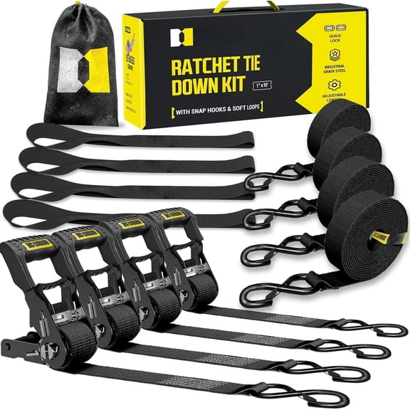 Ratchet Straps Tie Downs 4 Pack (1,800 LB Break Strength) 1" x 15  Tie Down Straps with Safety Lock S Hooks for , , Appliances, Moving.
