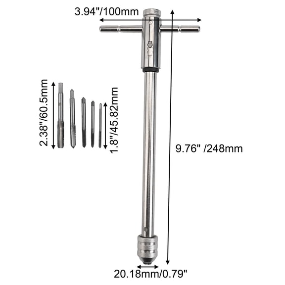 Ratchet Tap Wrench with Adjustable Alloy Steel Handle and 5 Metric Threaded Taps for Easy Manual Thread Cutting and Efficient One Hand Operation
