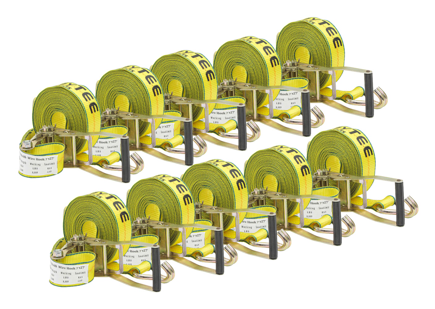 10 Pack 2" x 27' Ratchet Straps with Wire Hooks 10,000 lbs Breaking Strength - Heavy Duty Cargo Tie Down Straps for Truck, Trailers, Moving Appliances, Motorcycles & Flatbed Loads