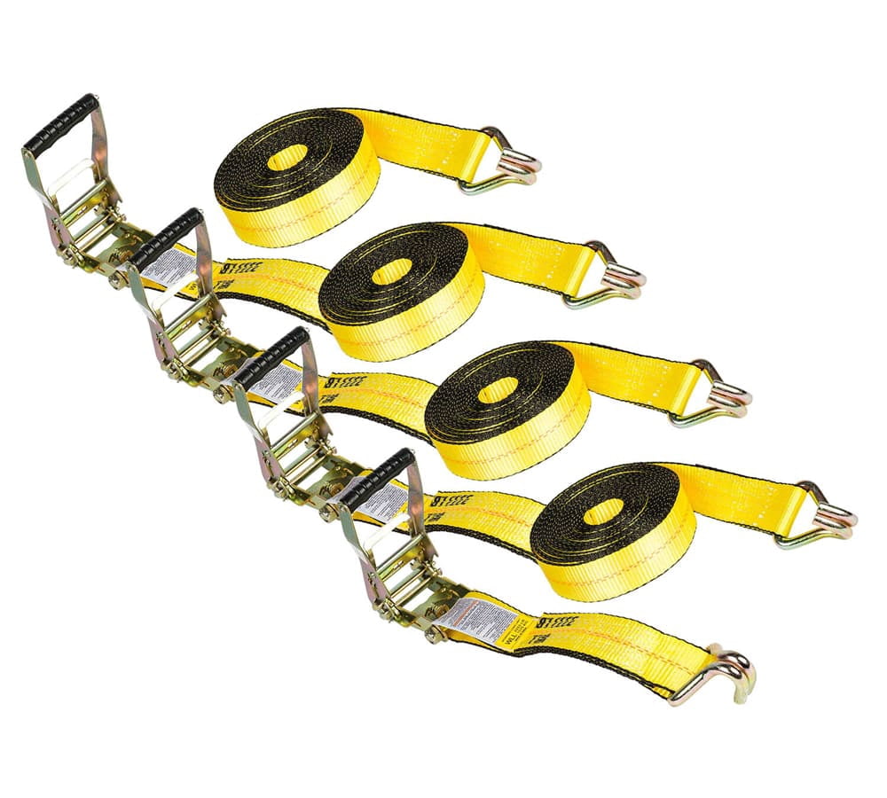 (4 Pack) 2 Inch x 30 FT Yellow Ratchet Strap with J Hooks - 10,000 Lbs Breaking Strength - Heavy Duty Tie Down Cargo Truck Straps with Wire Hooks for Flatbed, Truck, Trailers Pickup