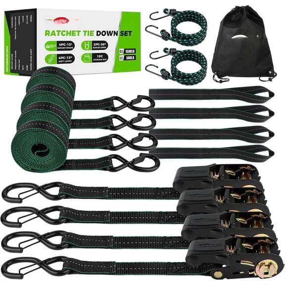 Ratchet Tie Down Straps 1in x 15ft - 4   Tie Downs with Soft Loops &Bungee Cords -1500LBS Break Strength - Cargo Straps with Safety Lock S Hooks for ATV, Dirt