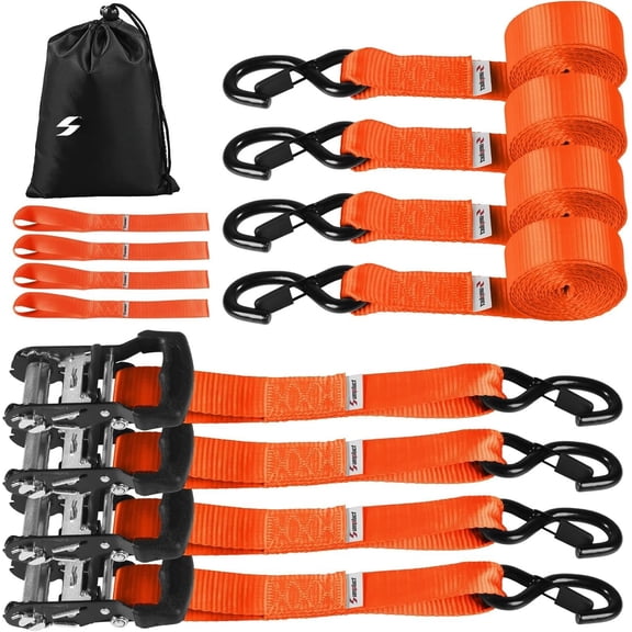 Ratchet Tie Down Straps Set  - 4  4400 LB Break Strength, 10 FT Tie Down Strap Ratchet with Safety Lock S Hook, 1.5 in Cargo Straps for , , Moving, Trailer, ATV - Orange
