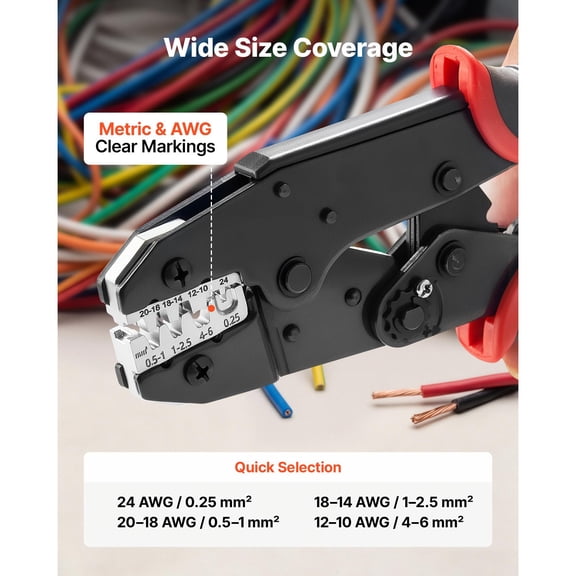 Ratchet Wire Crimping Tool 24-10 AWG Labor-Saving Electrical Terminal Crimp Pliers with Clear Metric AWG Markings Quick Release Adjustable Pressure for Multiple Terminals