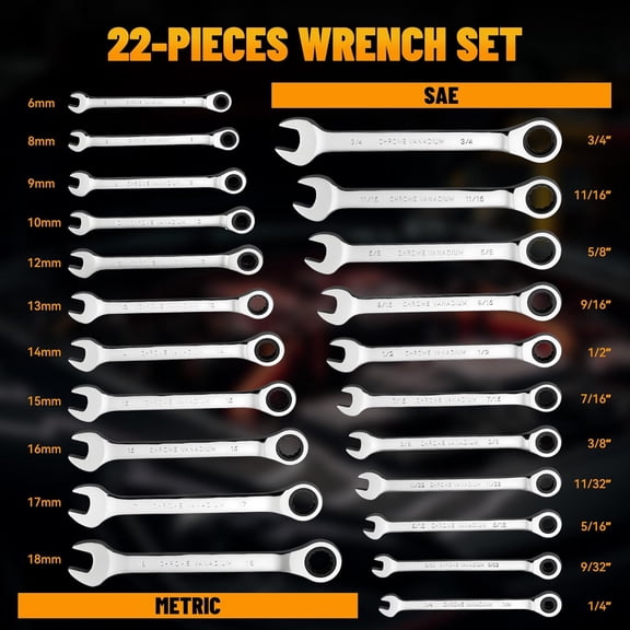 Ratchet Wrenches Set, 22-Piece Combination Wrench Set, Metric & SAE, Anti-Slip Grip, CR-V Steel, 1/4" to 3/4" & 6mm to 18mm, Portable Oxford Pouch Organizer