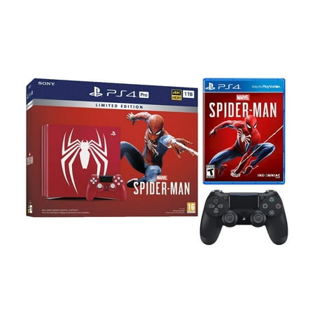 PlayStation 4 Pro Marvel\'s Spider-Man Limited Edition Amazing Red 1TB Console and Extra Black Dualshock Wireless Controller Bundle