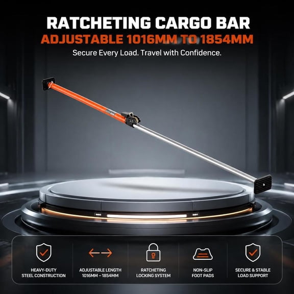 Ratcheting Cargo Bar, Adjustable 40 to 73 In, Steel Load Lock Bar with Non-Slip Foot Pads for SUVs and Sedans