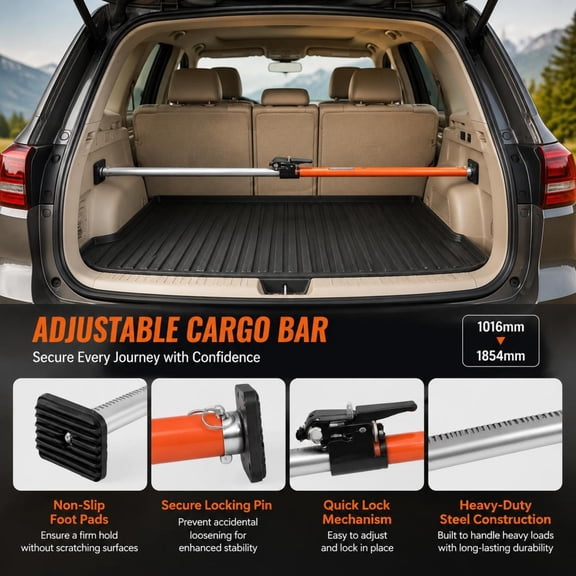 Ratcheting Cargo Bar, Adjustable Load Lock Bar 40 to 73 In, Steel Cargo Stabilizer with Non-Slip Foot Pads, Heavy Duty Tie Down Rod for SUVs, Sedans, Trucks, Vans, Trunk, Pickup Bed, Moving and Stora