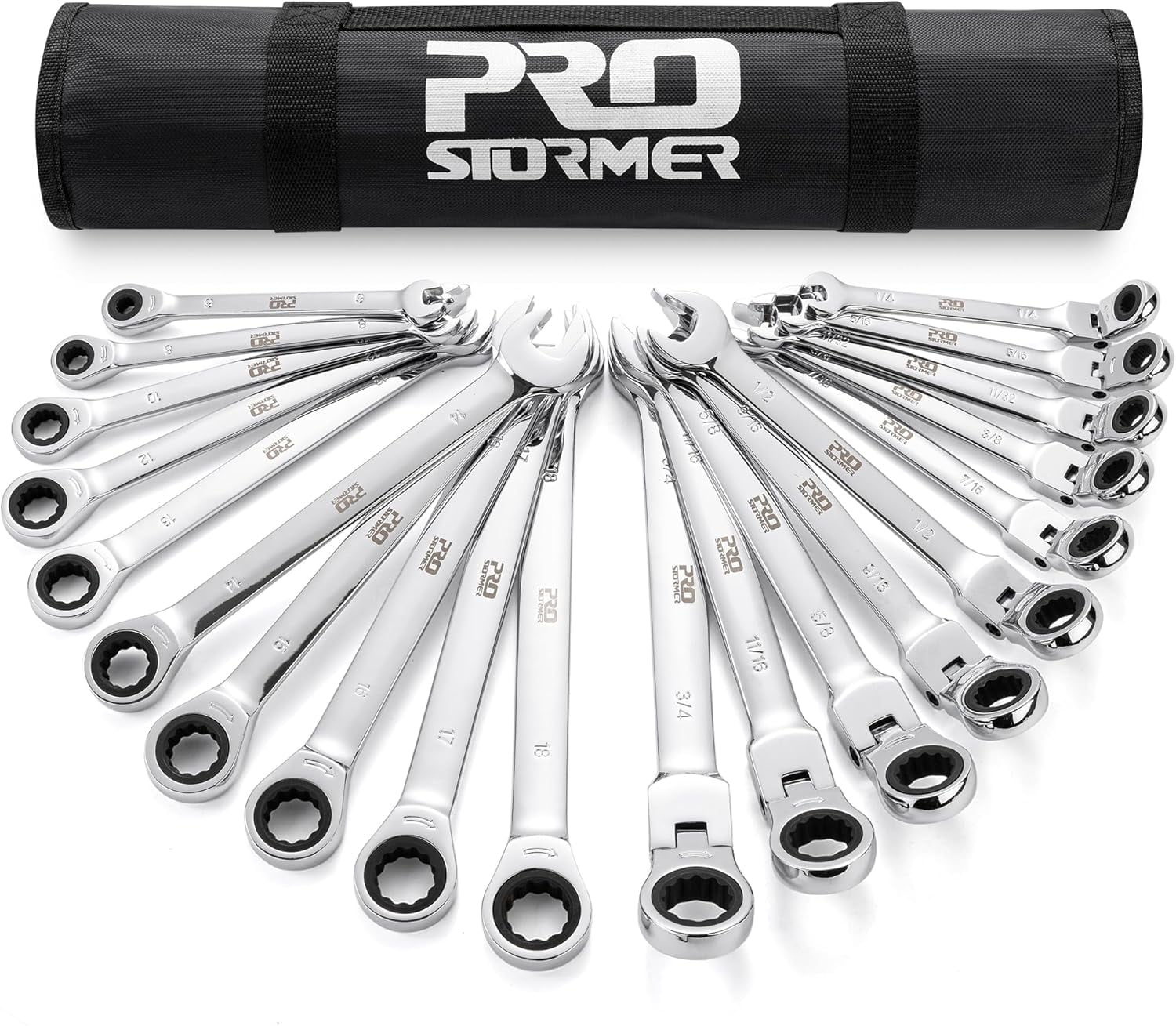 Ratcheting Combination Wrench Set, 20-Piece SAE & Metric Wrench Kit with Pouch, 72-Tooth, Cr-V Steel, 10Pcs Flex-Head 1/4" to 3/4" & 10Pcs Fixed Head 6-18mm