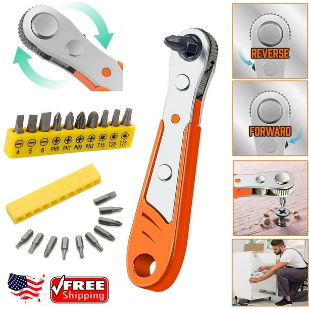 Ratcheting Right Angle Screwdriver Hex Drive 90 Degree Offset + 10PCS