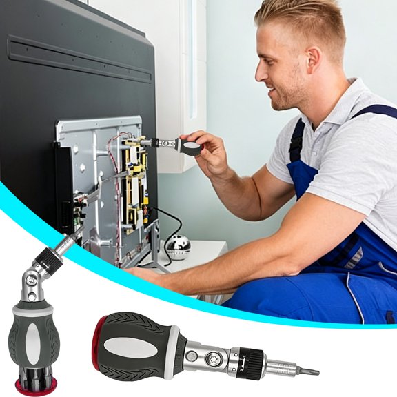 Ratcheting Screwdriver Set with Magnetic Bits, 180-Degree Pivoting Multi Angle Screwdriver Kit, Portable 3-Way Ratchet Household Hand Tool with Ergonomic Grip