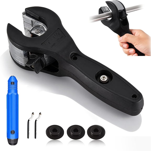 Ratcheting Tubing Cutter, Compact Cutter for Tight Spaces | Ratcheting Pipe Cutter, 1/4"-1-1/8" Range for Copper, Brass, Aluminum, PVC and PPR Tubing, 3 Cutting Blades&Deburring Tool