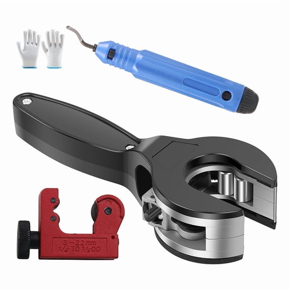 Ratcheting Tubing Cutter, Tubing Cutter 1/4in to 7/8in,2 in 1 Close Quarters Tube Compact Cutter, Ratcheting Pvc Cutter,1 x ratchet cutter 1 x trimming cutter 1 x micro-cutter 1 pair x gloves,As Shown