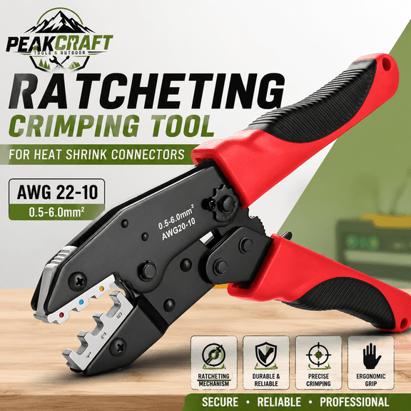 Ratcheting Wire Crimping Tool for Heat Shrink Connectors AWG 22-10, Professional Electrical Terminal Crimper with Adjustable Compression Wheel and Ergonomic Non-Slip Handle