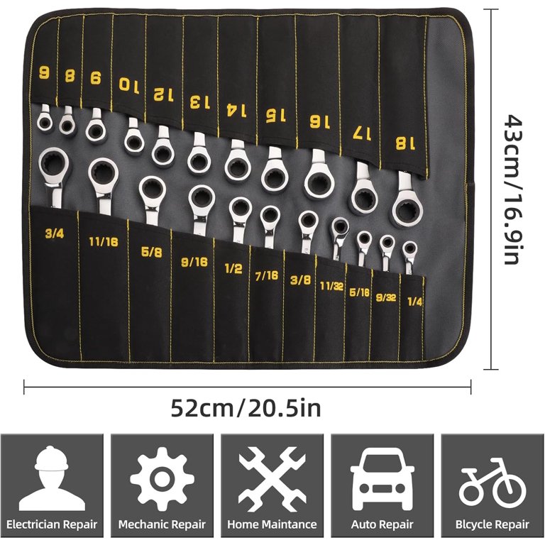Wright Tool 5-Piece Metric Ratcheting Box Wrench Set - 7-17mm, 12-Point, Denim Tool Roll Included