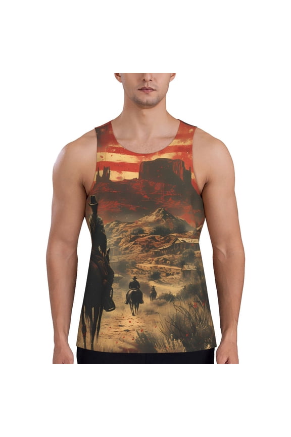 1860s Style American Cowboy Pattern Sleeveless Gym Shirt Muscle Tee Breathable Workout Shirt Slim-Fit Tank Quick Dry Fit Muscle Tank Top Bodybuilding Sleeveless T Shirt-4X-Large