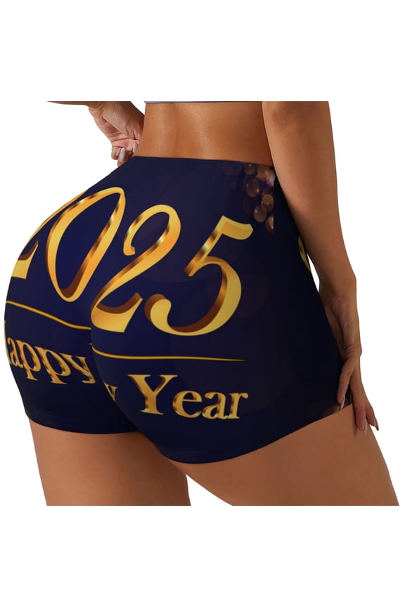 2025 Happy New Year 3 Printed Power Workout Shorts for Women Tummy Control Squat Proof Ribbed Thick Seamless Scrunch Active Short-Large