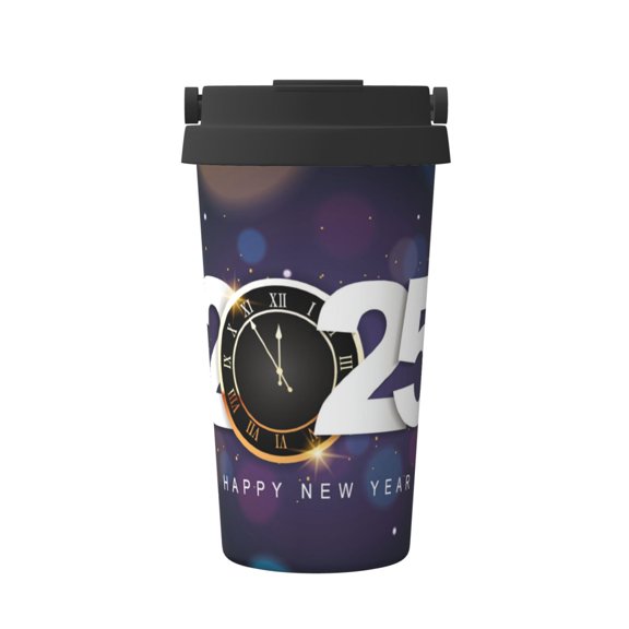 Rateoe 2025 Happy New Year 4 Pattern Travel Coffee Mug Tumbler with Flip Lid | Reusable Insulated Stainless Steel Cold Brew Iced Coffee Cup Thermos