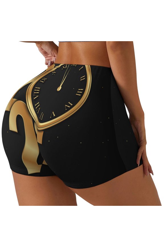 2025 Happy New Year Printed Power Workout Shorts for Women Tummy Control Squat Proof Ribbed Thick Seamless Scrunch Active Short-Large