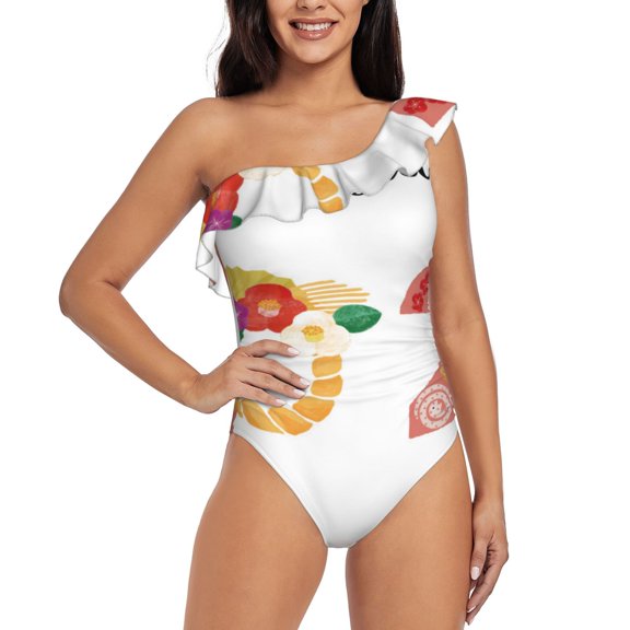 Rateoe 2025 New Year'S Pattern Women One Piece Swimsuits Tummy Control One Shoulder Bathing Suits Ruffle Swimwear-Medium