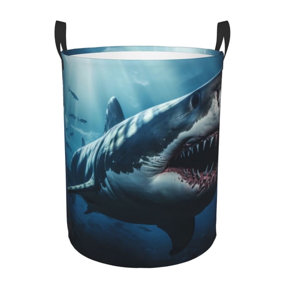 Rateoe 3D Realistic Shark Pattern Round Laundry Hamper Basket, Tall Hamper Basket for Blanket Storage, Nursery Clothes Hamper for Laundry in Bedroom and College Dorm-Medium