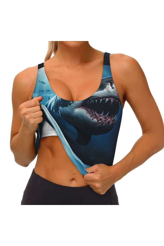 3D Realistic Shark Print Womens' Sports Bras Scoop Neck Sports Vest- Padded U Back Seamless High Impact Support