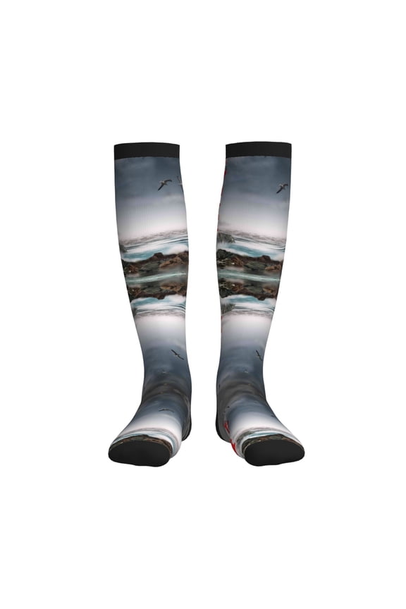 3d Lighthouse in the Surf Compression Socks for Women and Men 20-30mmHg-Circulation Support Socks Knee High Nurse Pregnant Running Medical and Travel Athletic