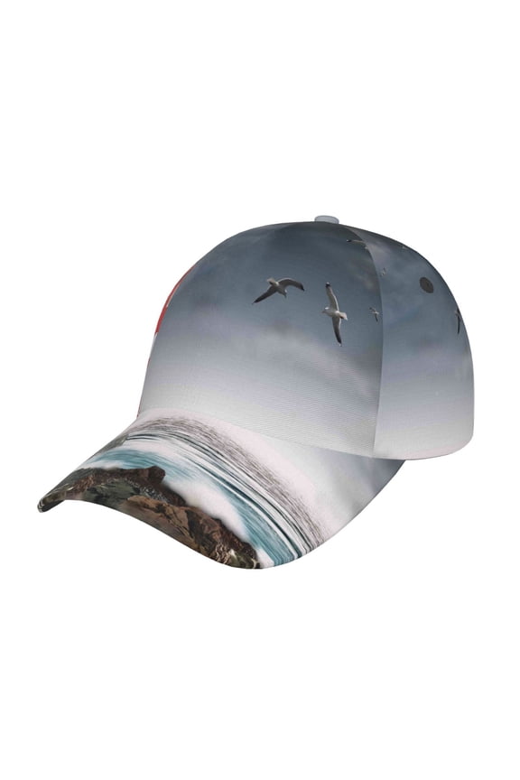 3d Lighthouse in the Surf Pattern Mens Baseball Cap Adjustable Curved Brim Hat, Soft Cotton Sports Cap for Outdoor, Casual, and Everyday Wear, Comfortable & Breathable