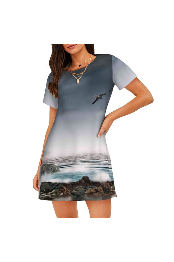 3d Lighthouse in the Surf Print Women’s Nightdress – Cozy Cotton Short-sleeved Sleep Shirt, Loose-Fit Sleepwear, Perfect for Relaxing and Sleeping