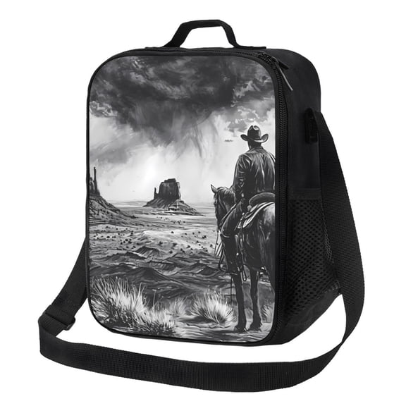 Rateoe 60s Black White Western Cowboy Lunch Bag Reusable Lunch Box with Shoulder Straps for Men Women Insulated Portable Lunchbox for adults Suitable for School Work Picnic