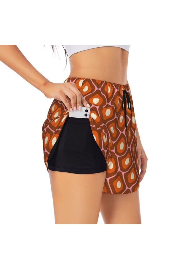 60s and 70s Aesthetic Printed 2 in 1 Women's Workout Shorts for Athletic Gym Running Shorts with Phone Pockets-
