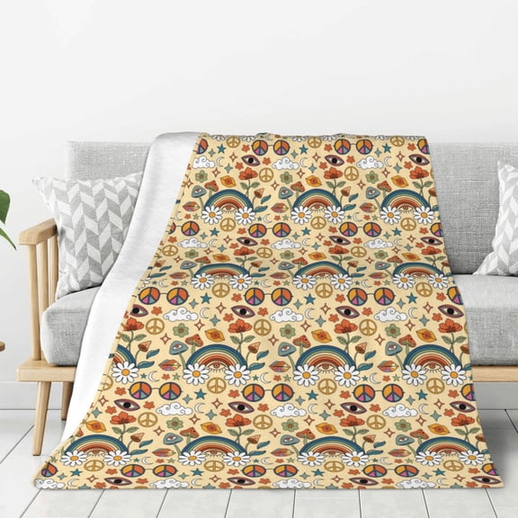 Rateoe 70s Hippie Style Pattern Flannel Throw Blanket, Ultra-soft Blanket for Bed, Couch, Car, Hypoallergenic Anti-pilling blanket-80"x60"(Vertical)