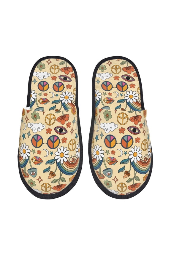 70s Hippie Style Pattern Fuzzy Slippers Fuzzy Soft House Slippers Plush Furry Warm Cozy Open Toe Fluffy Home Shoes-Large