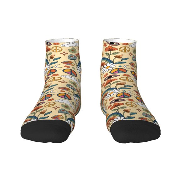 Rateoe 70s Hippie Style Pattern Quarter Crew Socks,Toe Seamed Ankle Socks,Cotton Cushioned Breathable Athletic Crew Sports Socks