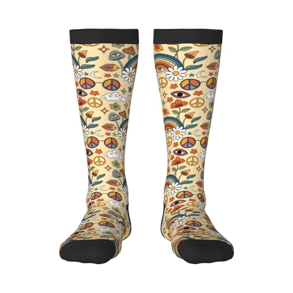 Rateoe 70s Hippie Style Pattern Women’s Knee High Crew Socks,Trouser Socks Comfortable, Breathable, Moisture-Wicking and Soft