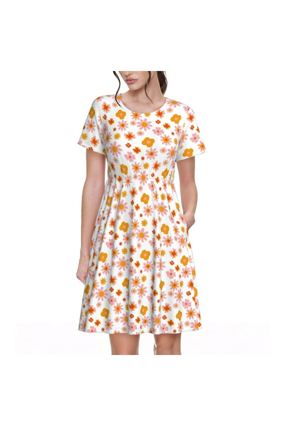 70s Retro Flowers Pattern Women’s Short Sleeve Dress – Casual Elegant Summer A-Line Dress for Everyday Wear