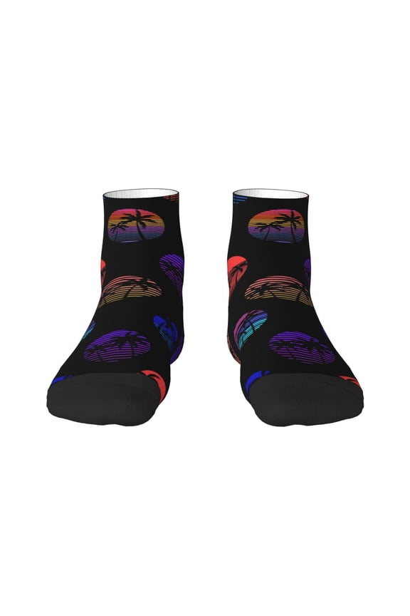 80s Style Palm Trees Pattern Quarter Crew Socks,Toe Seamed Ankle Socks,Cotton Cushioned Breathable Athletic Crew Sports Socks