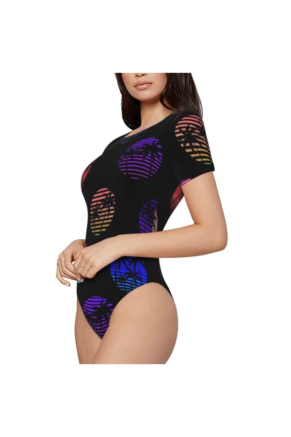 80s Style Palm Trees Printed Women Rash Guard Short Sleeve,Tummy control Swimsuit Surfing Swimsuit Bathing Suit Short-sleeved Onesie UPF 50+