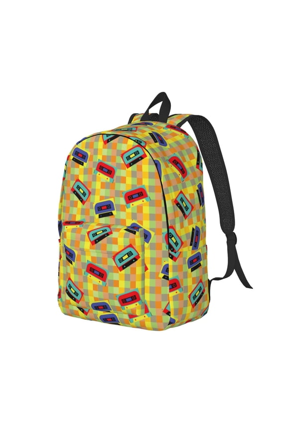 90s Audio Tape Pattern Durable Canvas Backpack for Men & Women – Stylish & Lightweight – Adjustable Straps, Multiple Pockets – Fits 15-17 Inch LaptopsSmall