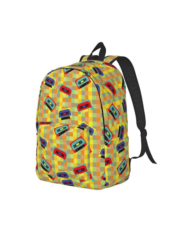 90s Audio Tape Pattern Durable Canvas Backpack for Men & Women – Stylish & Lightweight – Adjustable Straps, Multiple Pockets – Fits 15-17 Inch LaptopsSmall