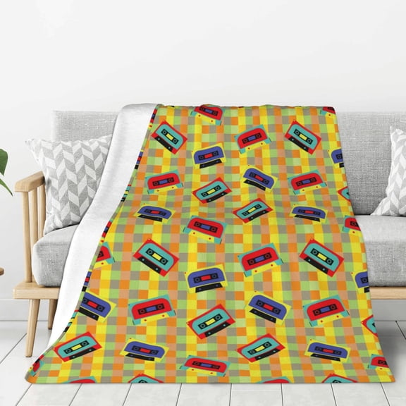 Rateoe 90s Audio Tape Pattern Flannel Throw Blanket, Ultra-soft Blanket for Bed, Couch, Car, Hypoallergenic Anti-pilling blanket-80"x60"(Vertical)