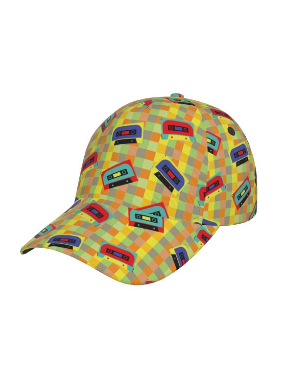 90s Audio Tape Pattern Mens Baseball Cap Adjustable Curved Brim Hat, Soft Cotton Sports Cap for Outdoor, Casual, and Everyday Wear, Comfortable & Breathable