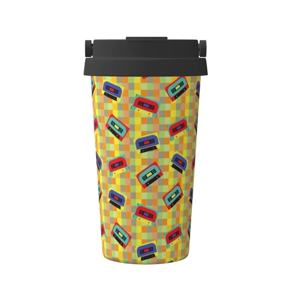 Rateoe 90s Audio Tape Pattern Travel Coffee Mug Tumbler with Flip Lid | Reusable Insulated Stainless Steel Cold Brew Iced Coffee Cup Thermos
