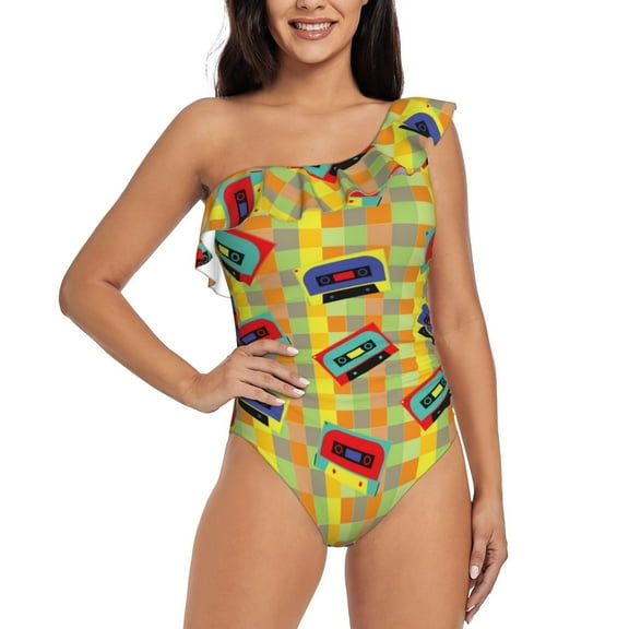 Rateoe 90s Audio Tape Pattern Women One Piece Swimsuits Tummy Control One Shoulder Bathing Suits Ruffle Swimwear-Small