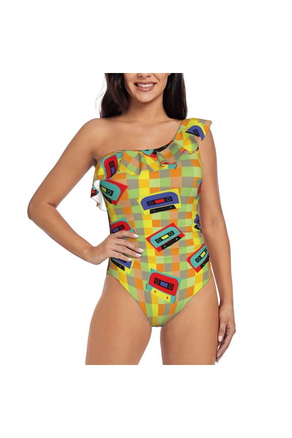 90s Audio Tape Pattern Women One Piece Swimsuits Tummy Control One Shoulder Bathing Suits Ruffle Swimwear-Small