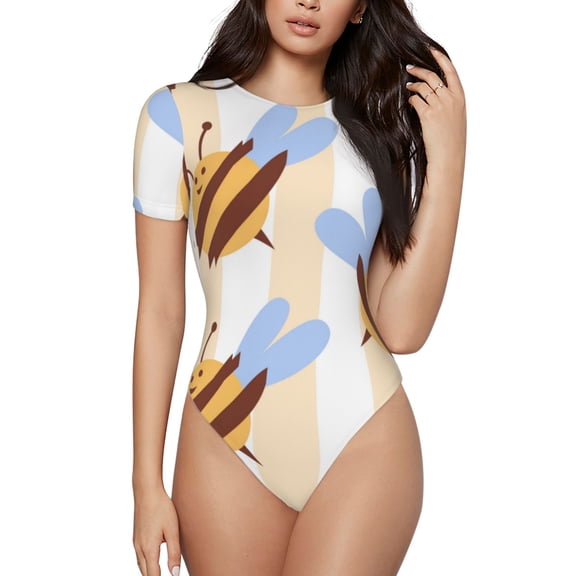 Rateoe A Bee Printed Women Rash Guard Short Sleeve,Tummy control Swimsuit Surfing Swimsuit Bathing Suit Short-sleeved Onesie UPF 50  -Large